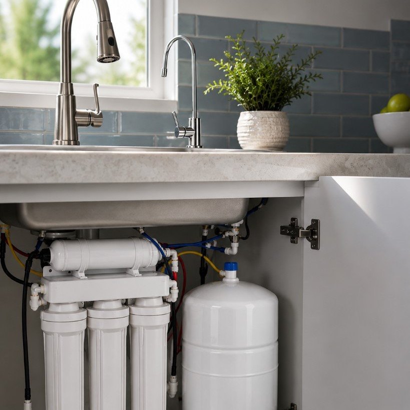 Under-sink reverse osmosis system with dedicated drinking water faucet