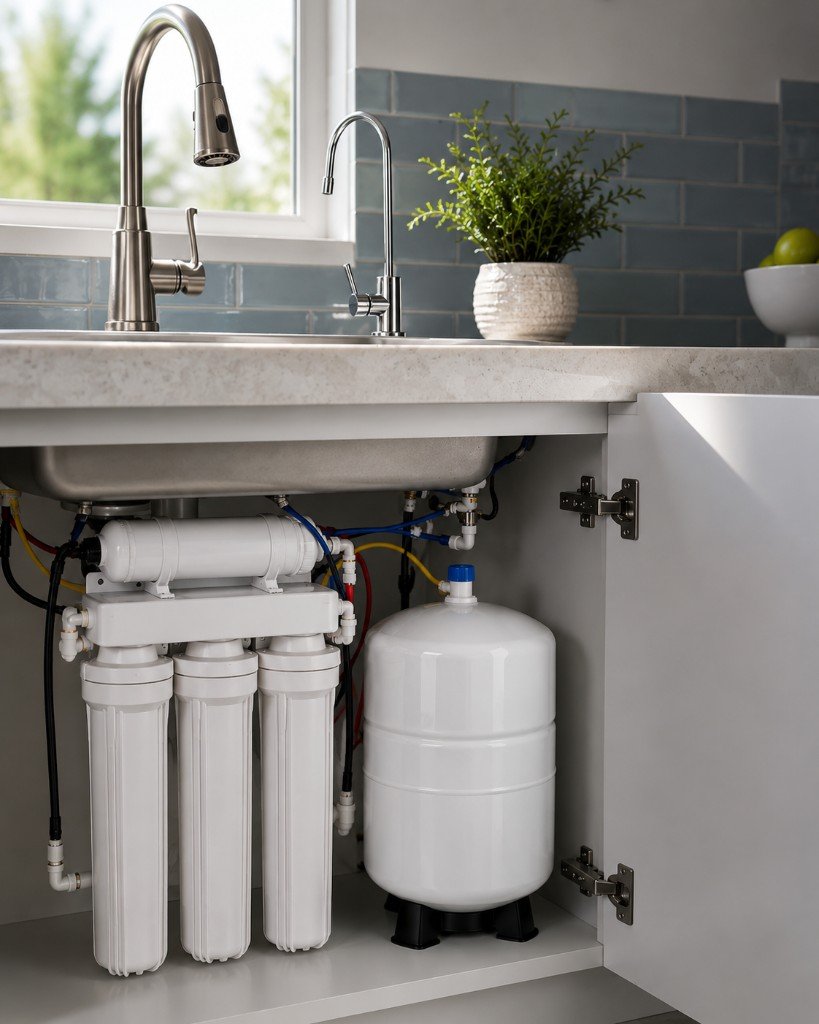 Reverse osmosis drinking water system installed under a kitchen sink