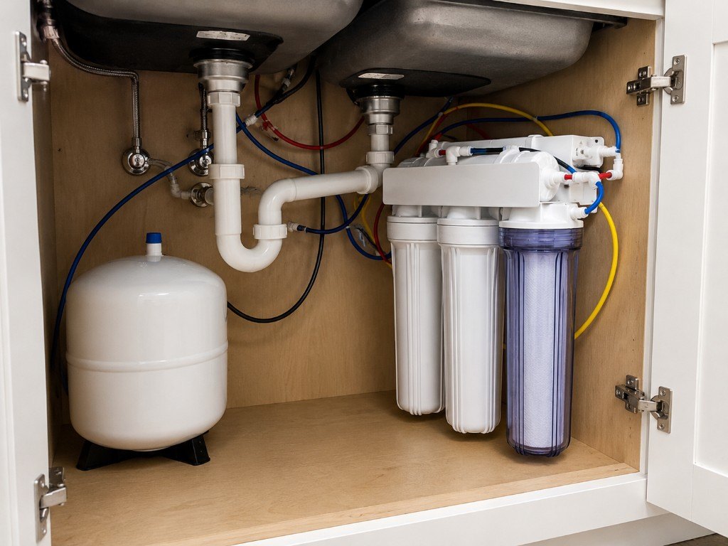 Under-sink reverse osmosis filtration system professionally installed in a kitchen cabinet