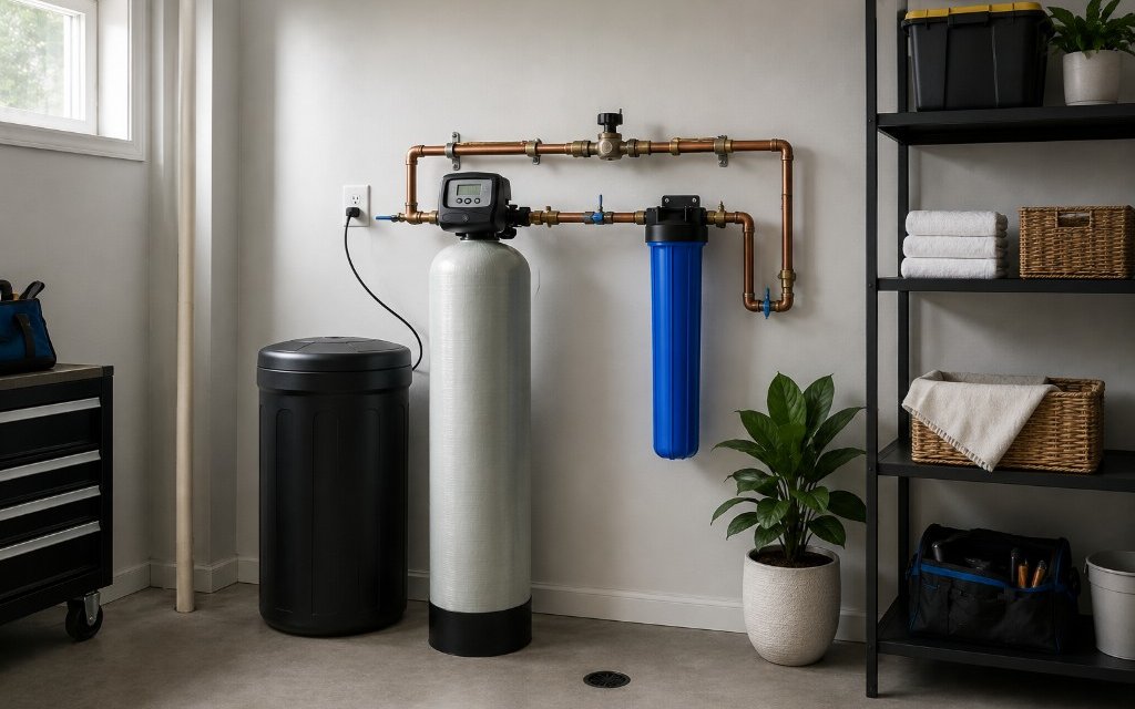 Installed water softener system with brine tank and whole-home filtration