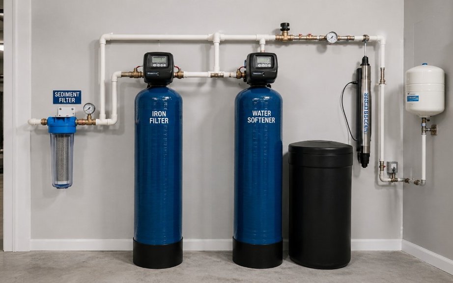 Well water treatment system with sediment filter, iron filter, softener, and UV