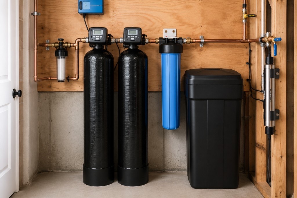 Whole-home water filtration, softener, and UV system installed with copper piping