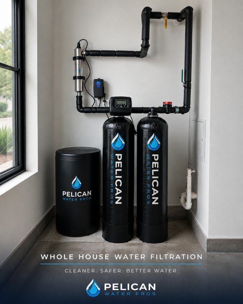 Whole-home water filtration system installed in a utility area